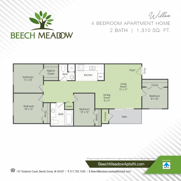 Floor plan for 4 beds, 2 baths, 1310 sqft